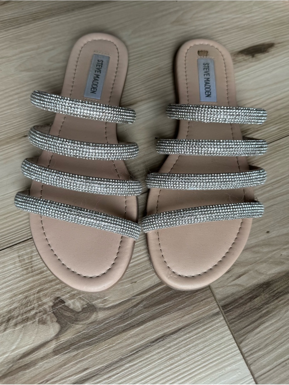 Steve Madden Silver Rhinestone Multi-Strap Slide Sandals
